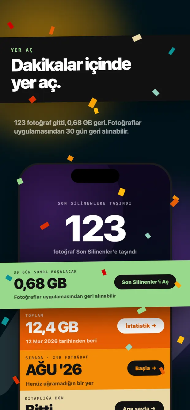 Sonuç ekranı: 123 fotoğraf Son Silinenler'e taşındı, 0,68 GB açılacak